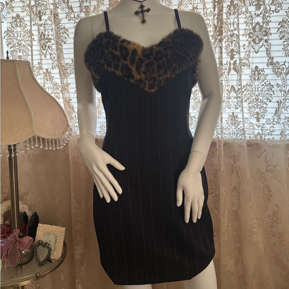 mini pinstripe and leopard faux fur trim dress